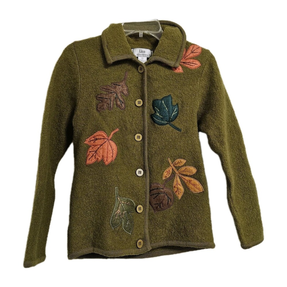 Lisa International Cardigan Women S Green Boiled Wool Leaf Applique Button Front - Picture 1 of 10